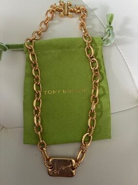 Tory Burch Gold Link Necklace with Signature Plate